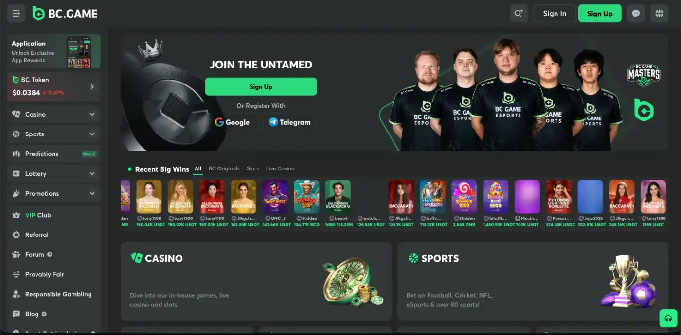 BC.Game lobby with Casino and Sports cards
