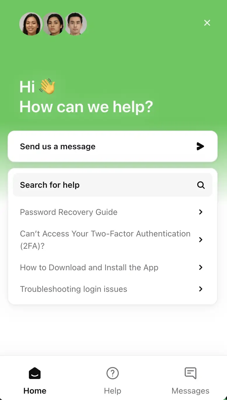 BC.Game support widget with Send us a message, help search and four help articles