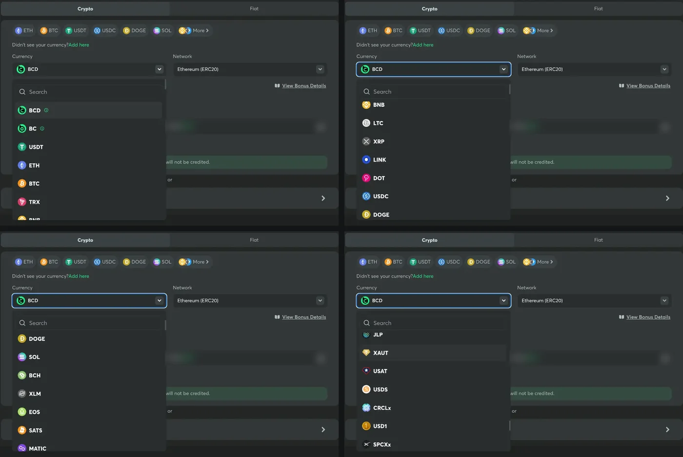 BC.Game crypto deposit list across four screens from BCD and BC to USD1 and SPCXx