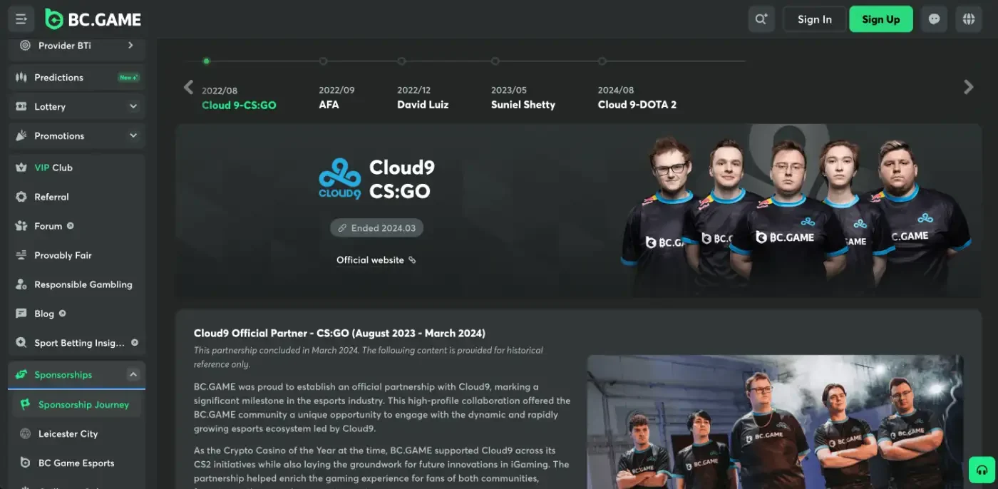 BC.Game Sponsorship Journey timeline with the ended Cloud9 CS:GO partnership