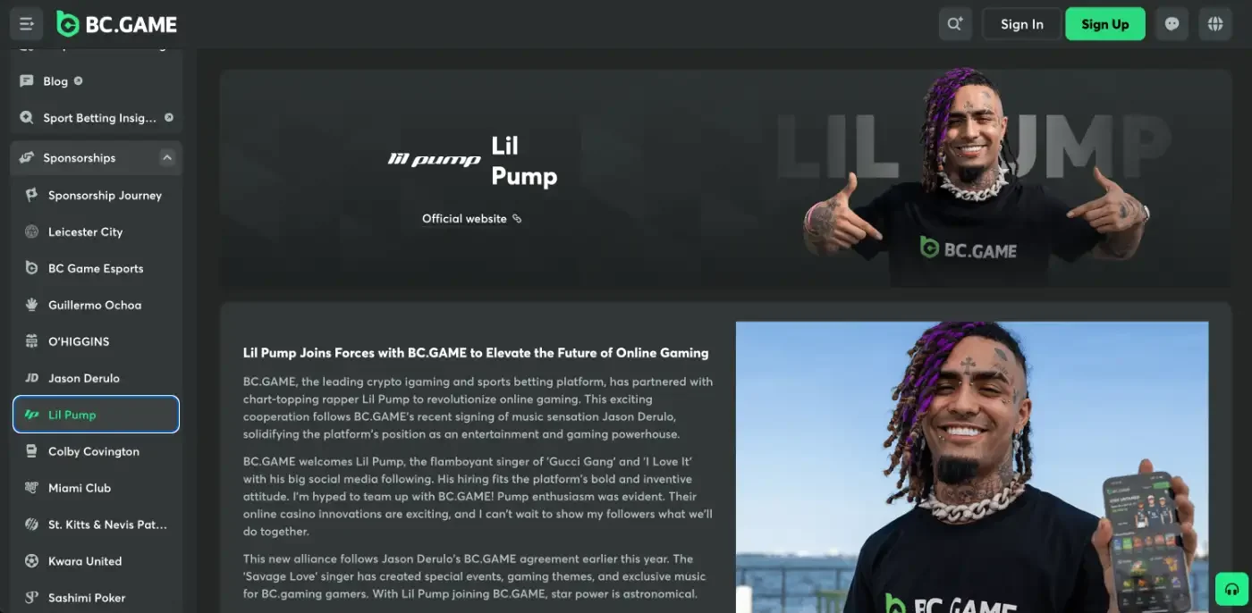 BC.Game sponsorship page for Lil Pump
