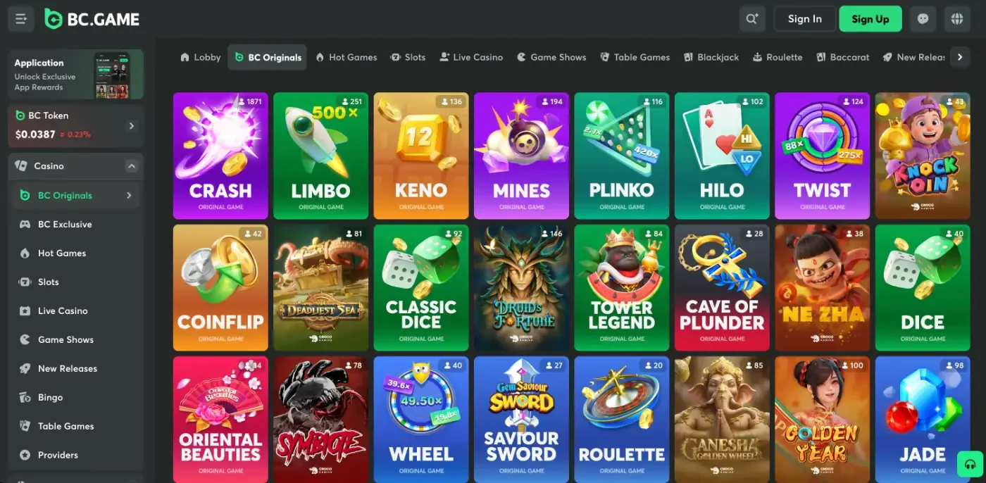 BC.Game Originals lobby with Crash, Limbo, Keno, Mines, Plinko, Hilo and more house games