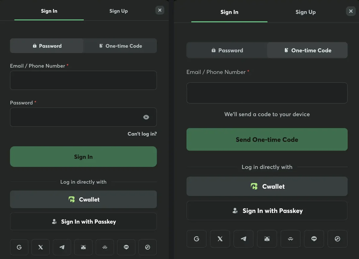 BC.Game Sign In modal with the Password tab and the One-time Code tab side by side