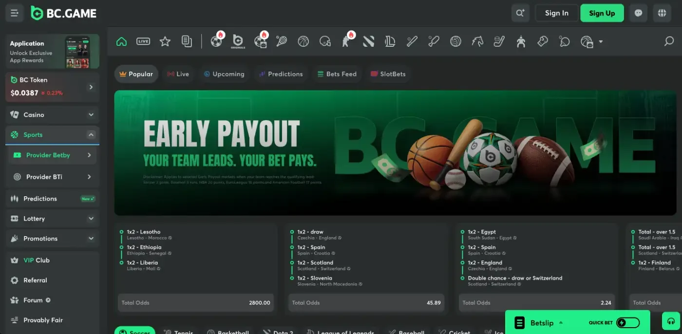 BC.Game sportsbook with the Early Payout banner and ready-made accumulators