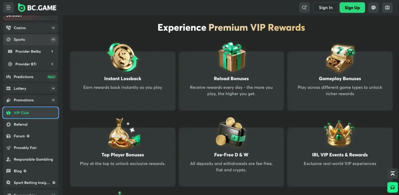 BC.Game VIP Club page with Instant Lossback, Reload Bonuses, Gameplay Bonuses, Top Player Bonuses, Fee-Free D & W and IRL VIP Events