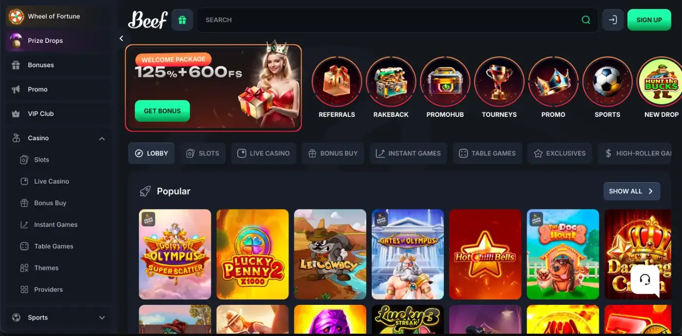 Beef Casino lobby with the welcome package card