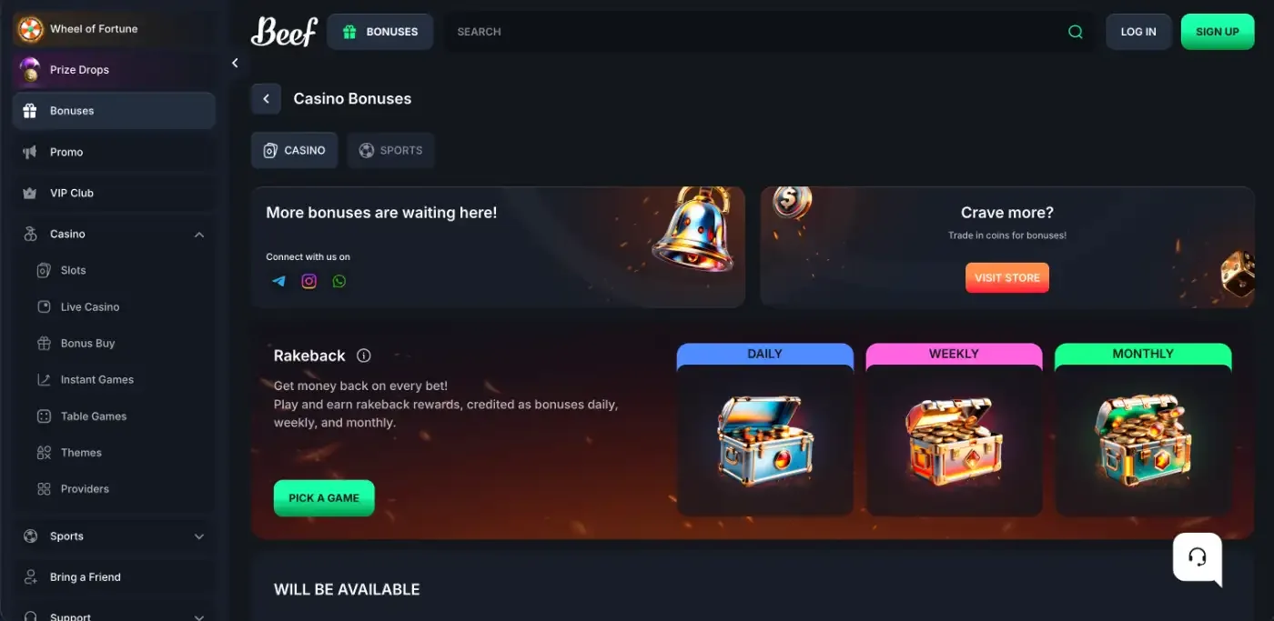 Beef Casino bonuses page with the coin store banner and daily, weekly and monthly rakeback chests