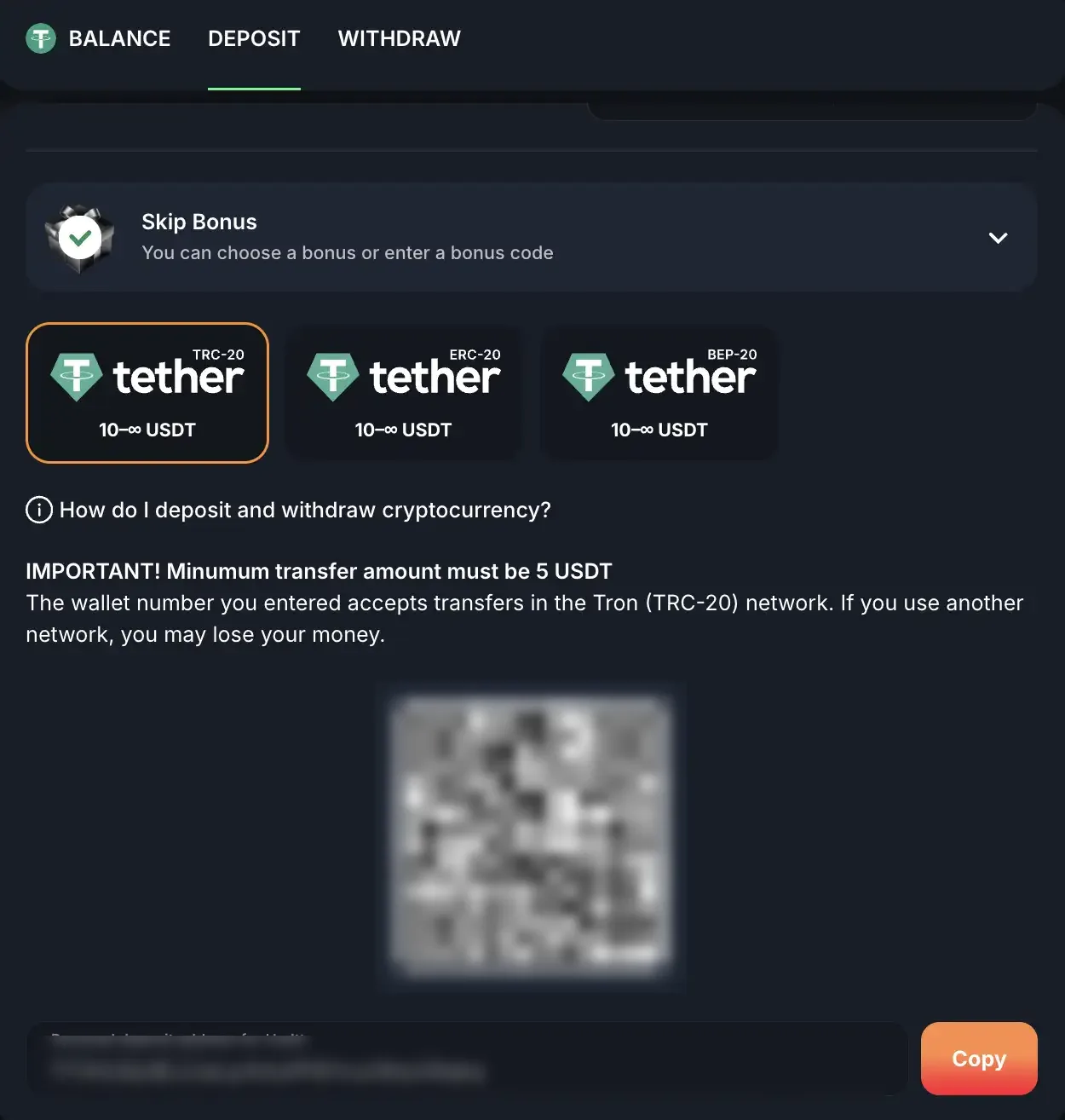 Beef Casino crypto deposit tab with Tether on TRC-20, ERC-20 and BEP-20 and the 5 USDT minimum warning