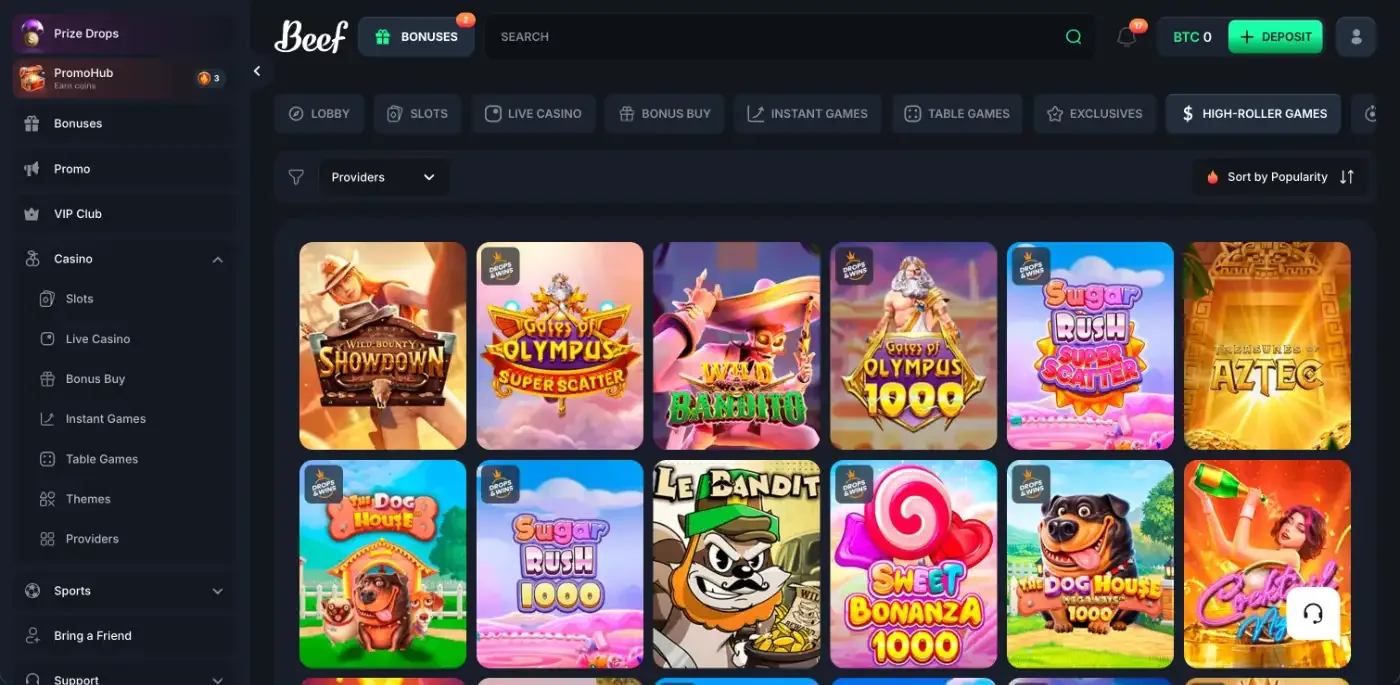 Beef Casino High-roller games tab with Wild Bounty Showdown, Gates of Olympus Super Scatter and Sugar Rush 1000