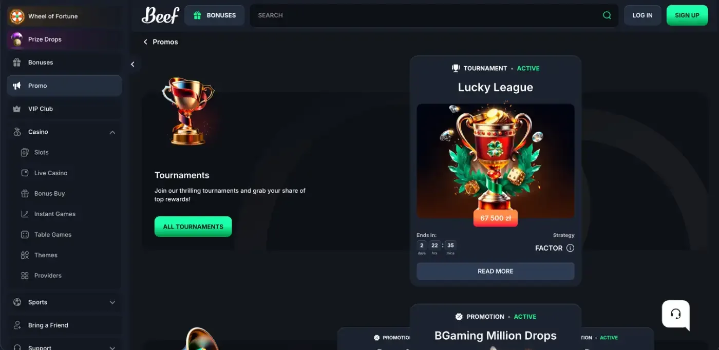 Beef Casino Promo page with the Lucky League tournament and its countdown