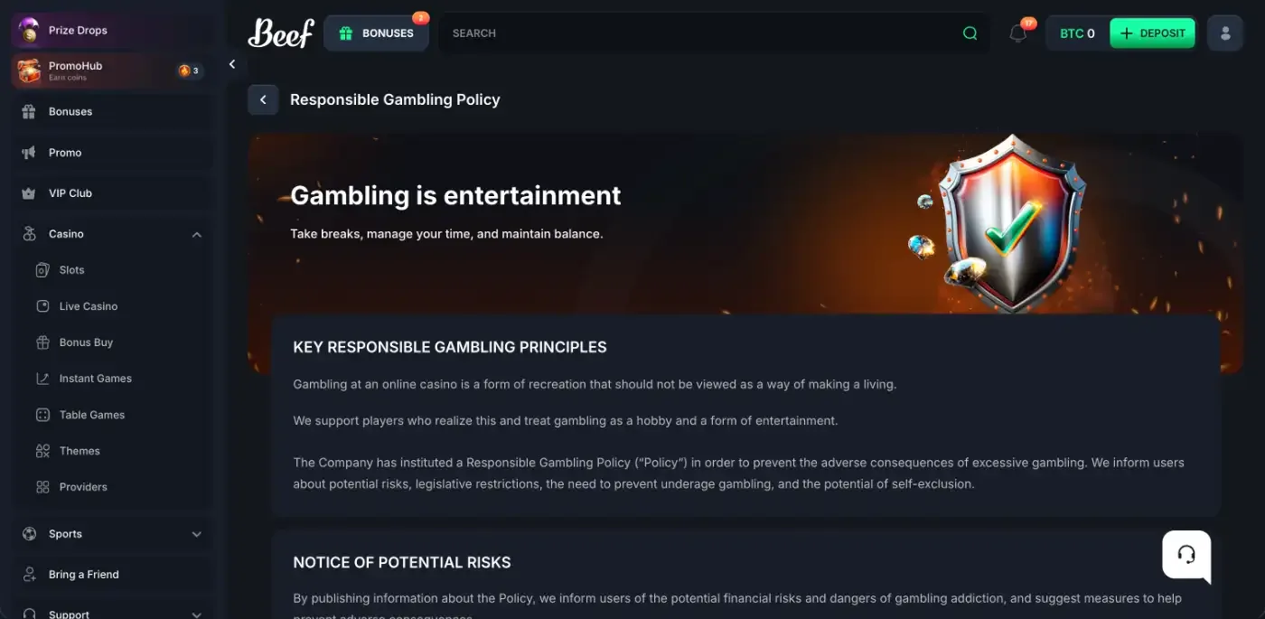 Beef Casino Responsible Gambling Policy page with the Gambling is entertainment banner