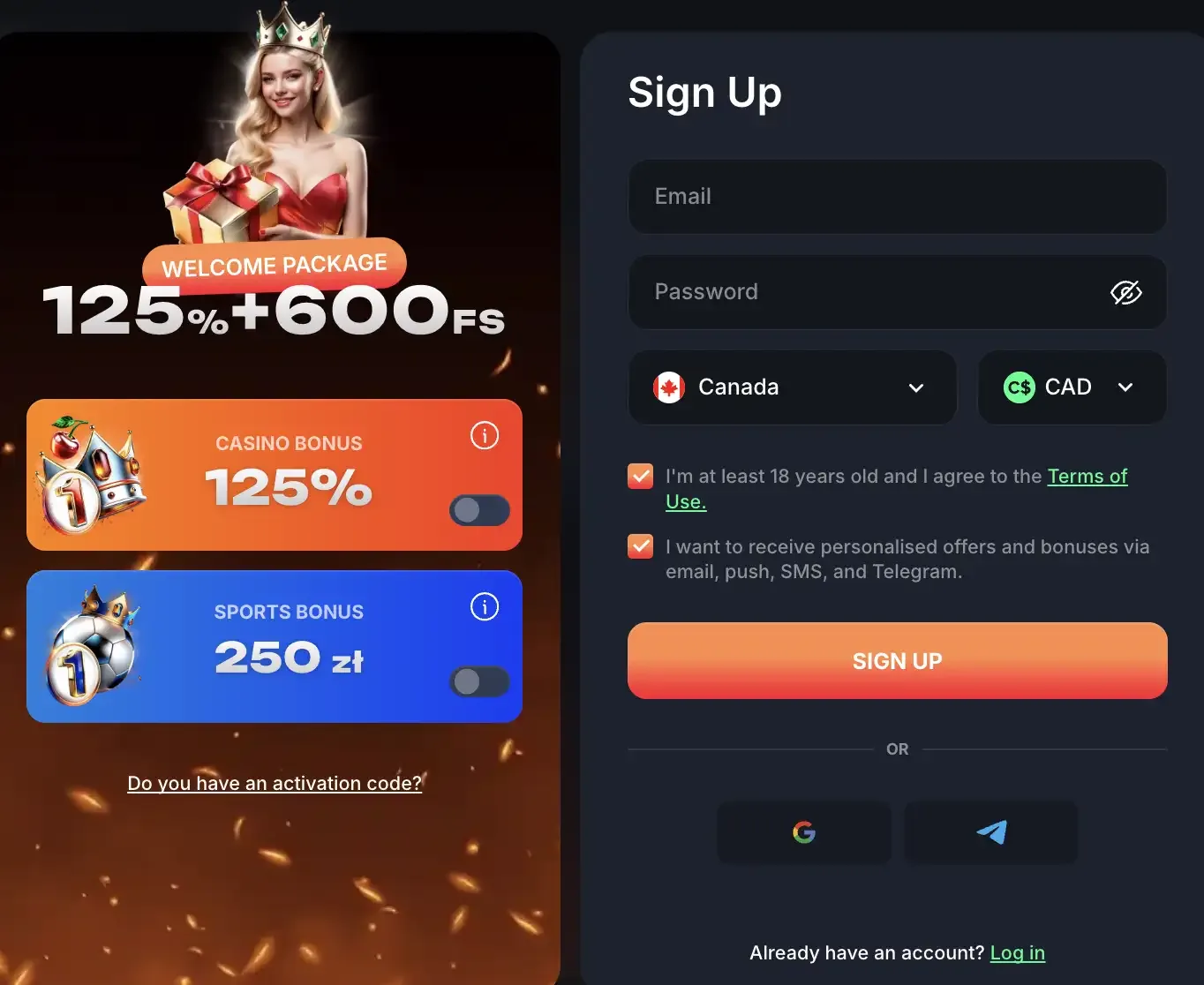 Beef Casino sign-up form with the 125% plus 600 FS welcome package, casino and sports bonus toggles, country and currency boxes