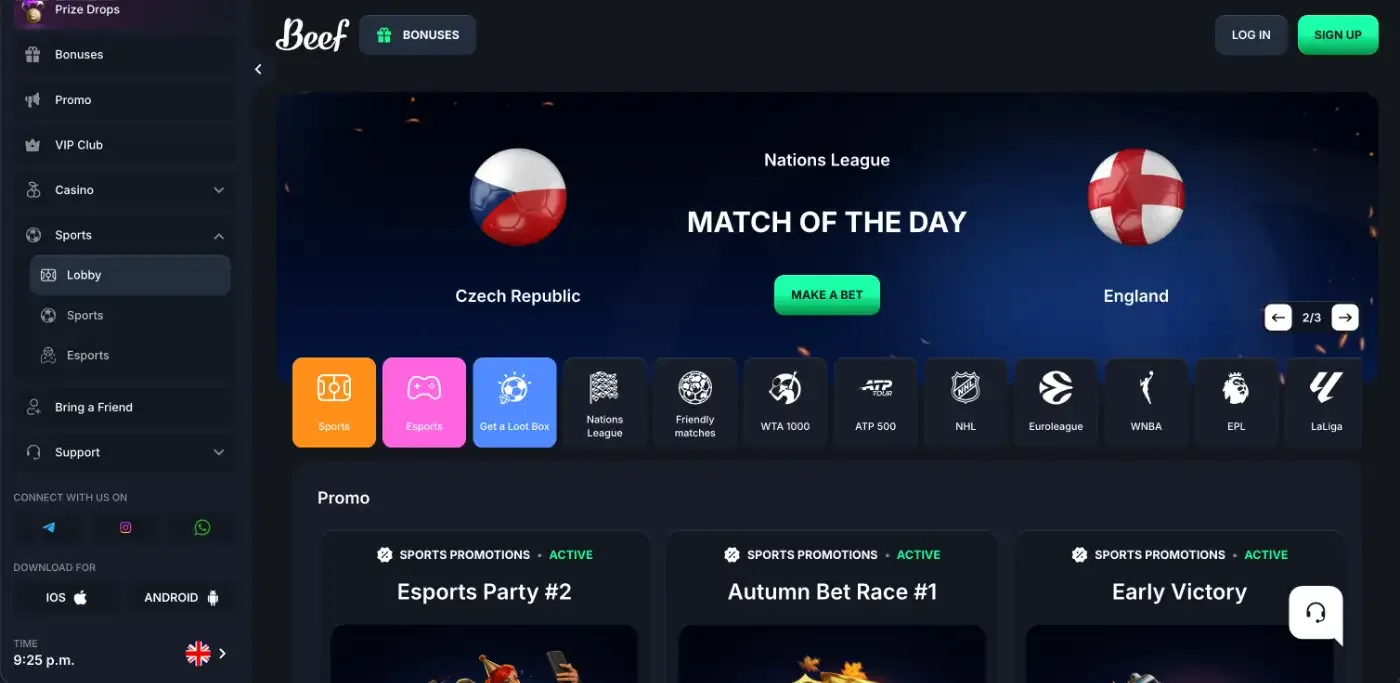 Beef sports lobby with the Nations League Match of the Day and tiles for WTA 1000, ATP 500, NHL, EuroLeague, WNBA, EPL and LaLiga
