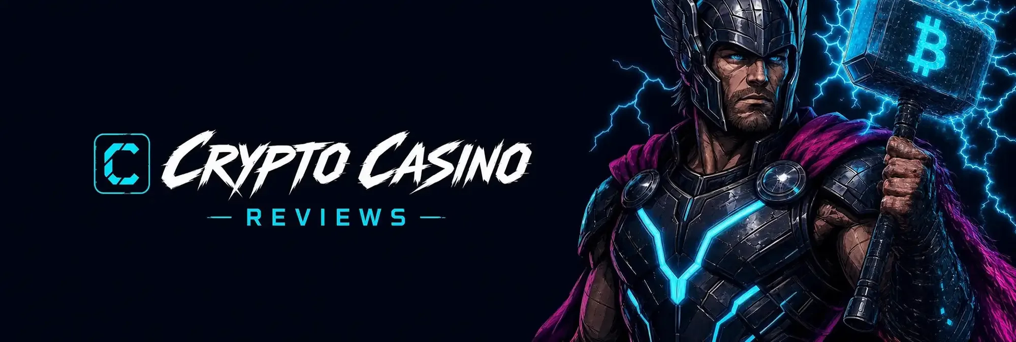 Crypto Casino Reviews banner: armoured warrior in neon blue with a lightning Bitcoin hammer