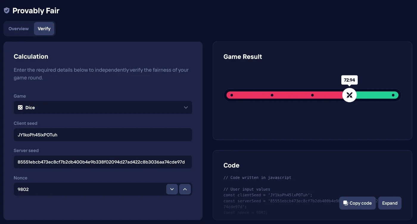 The Duel provably fair Verify tab for Dice with a client seed, a revealed server seed and nonce 9802. The rebuilt roll is 72.94.