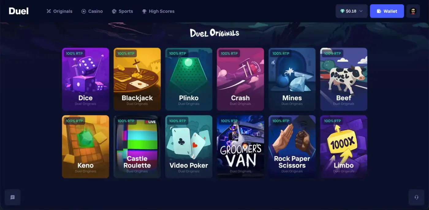 Duel Originals lobby showing twelve house games, each tile badged 100% RTP