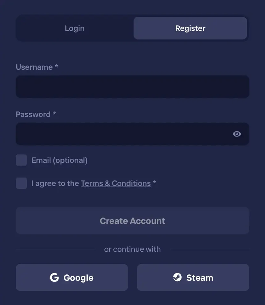 Duel registration form with username, password, an optional email box and the Terms checkbox