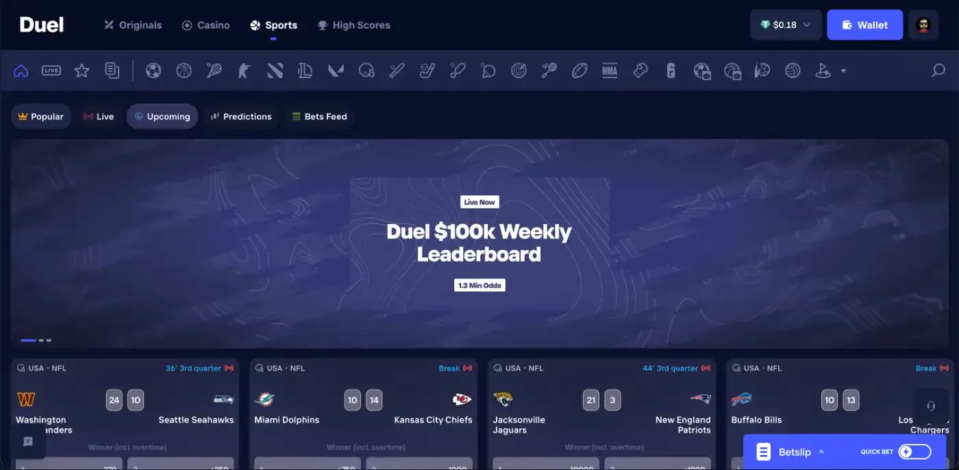 Duel sportsbook with a weekly leaderboard banner over live NFL games