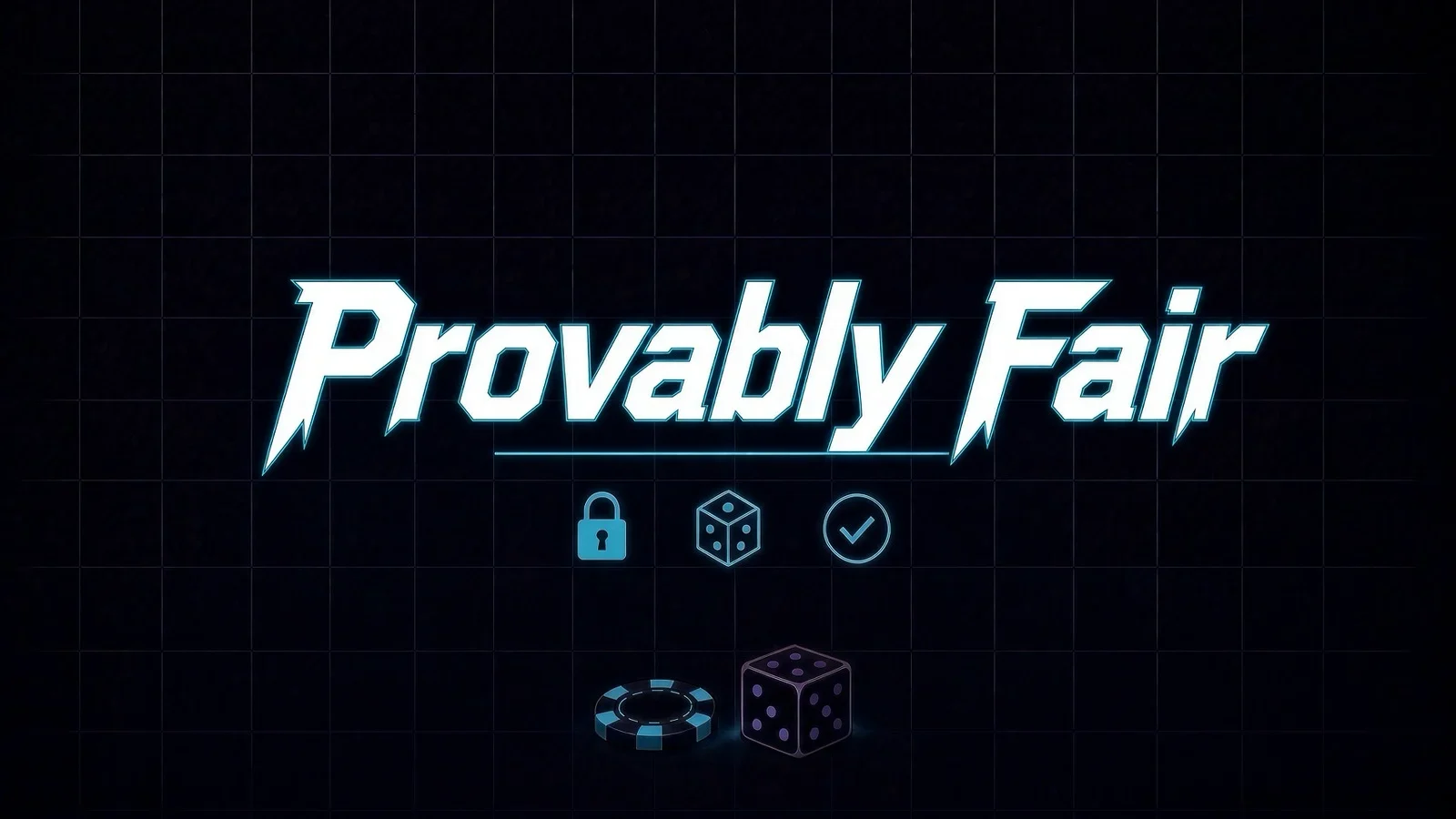 Provably Fair in neon letters with lock, dice and check mark icons above a casino chip and a die on a dark grid