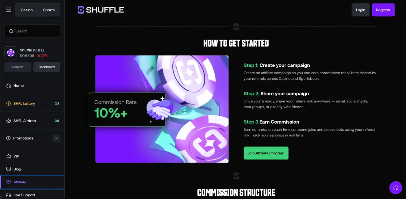 Shuffle affiliate page with a 10%+ commission rate and three steps