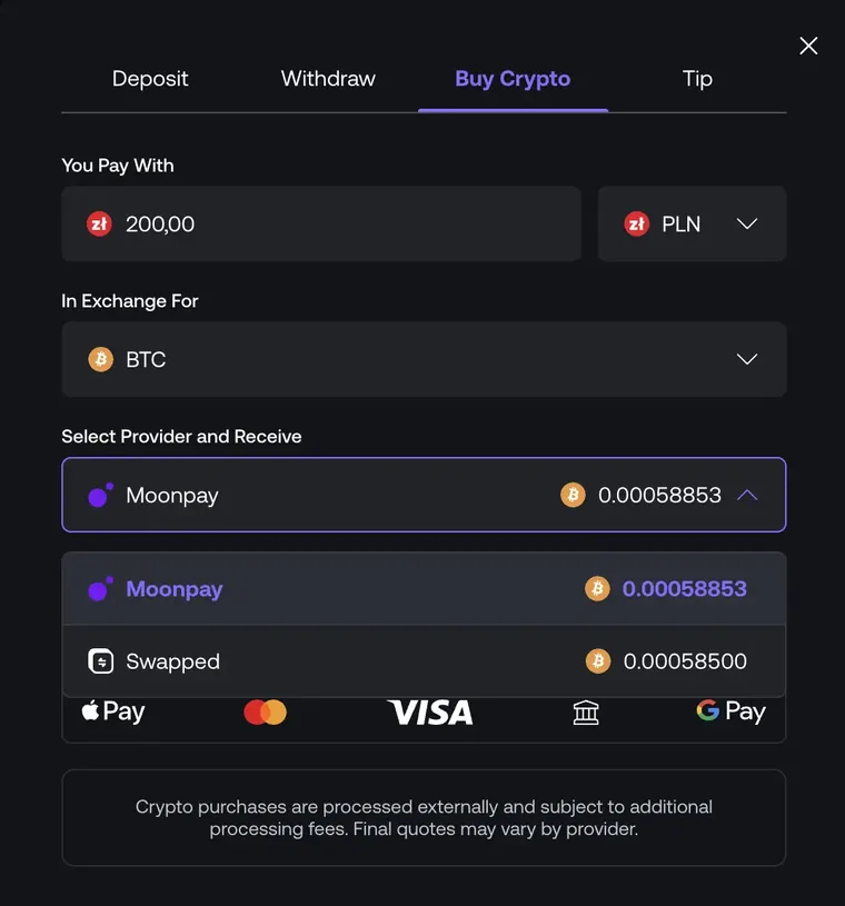 Shuffle Buy Crypto tab with a 200 PLN quote from MoonPay and Swapped