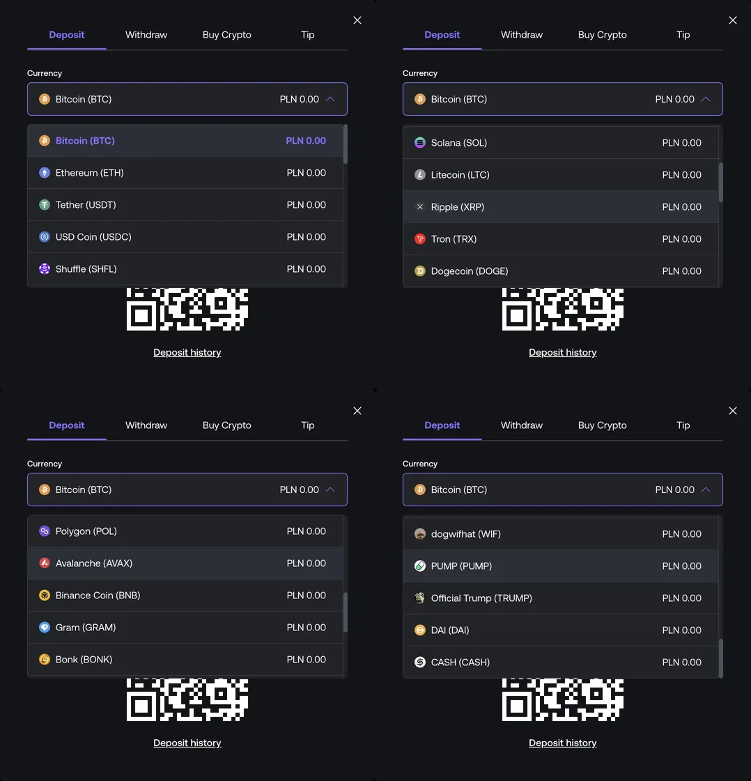 Shuffle deposit coin list across four screens from Bitcoin to CASH