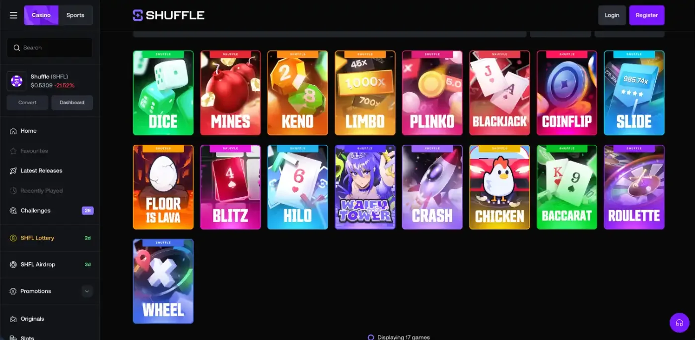 Shuffle Originals lobby with 17 house games including Dice, Mines, Crash, Blitz and Waifu Tower