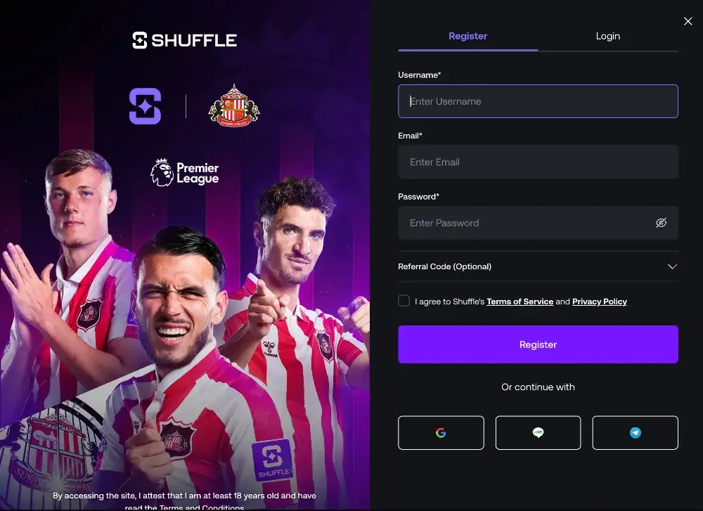 Shuffle Register modal with username, email, password, referral code and Google, Line and Telegram buttons