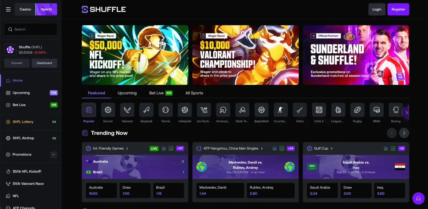 Shuffle sportsbook home with race banners, sport icons and Trending Now matches with odds