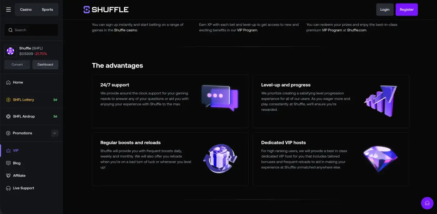 Shuffle VIP page with four advantages: 24/7 support, level-up, boosts and reloads, VIP hosts