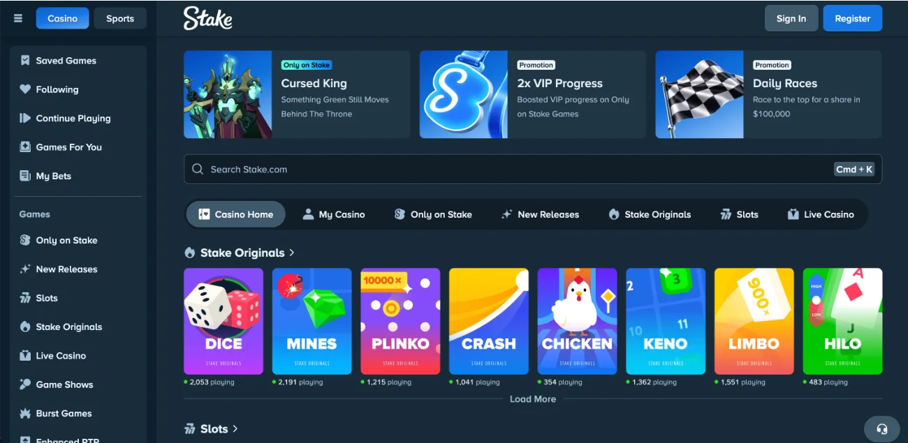 Stake Casino home page with Stake Originals