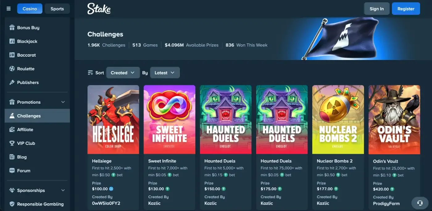 Stake Challenges board with multiplier targets, minimum bets and prizes on six slot cards