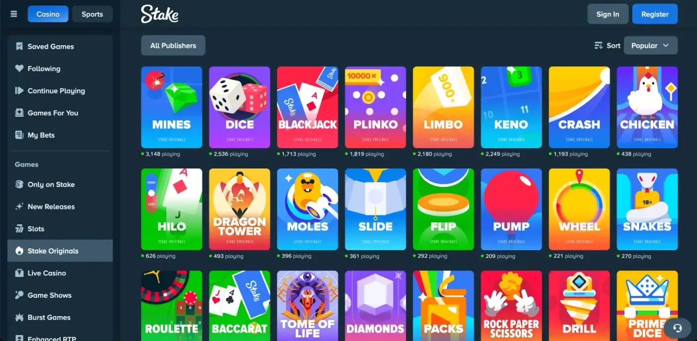Stake Originals lobby with Mines, Dice, Plinko, Limbo, Keno, Crash, Hilo and more house games