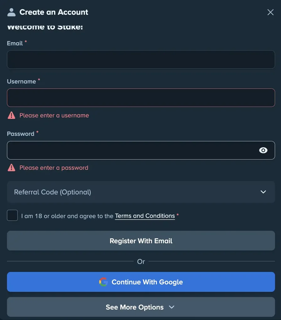 Stake Create an Account modal with email, username, password and referral code fields