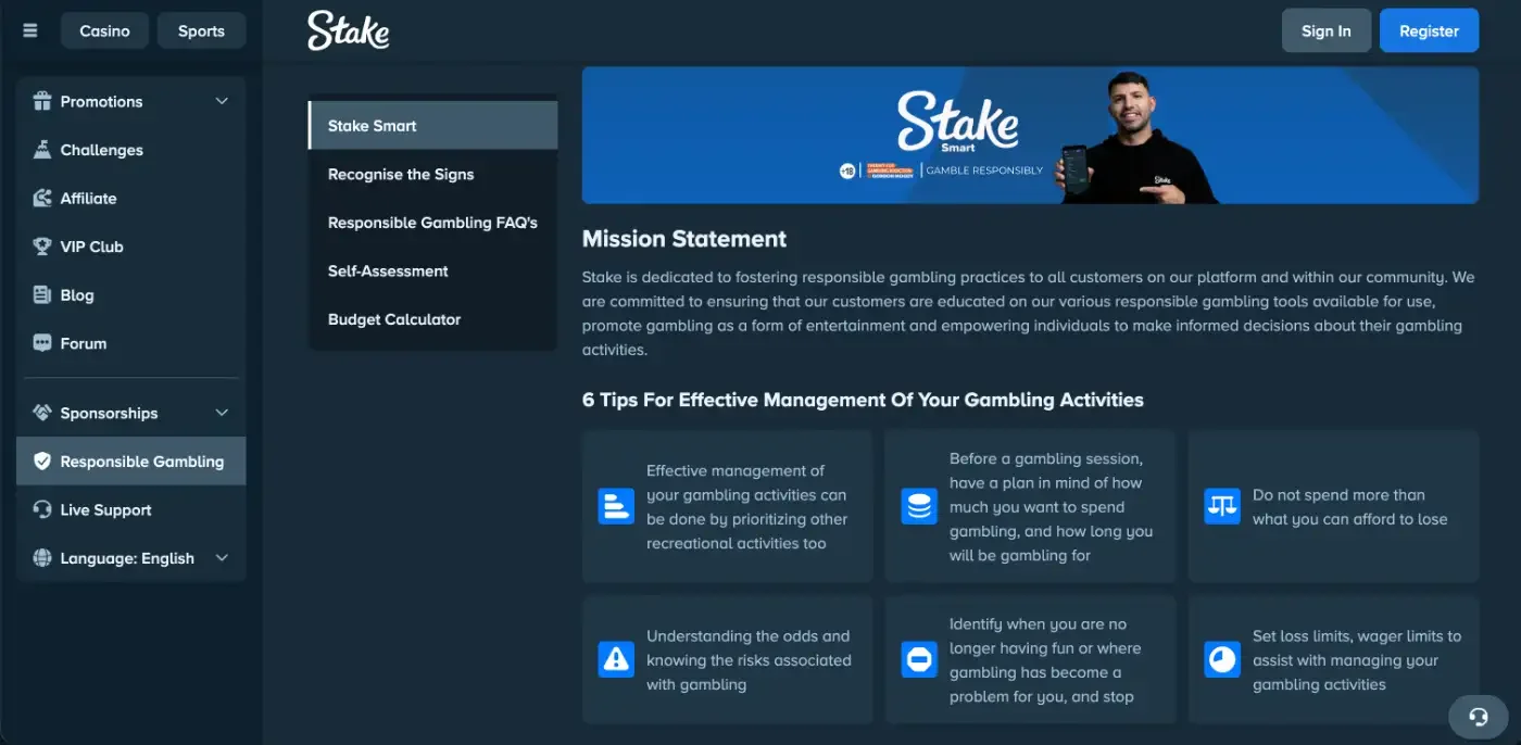 Stake Smart responsible gambling page with a mission statement and six tips