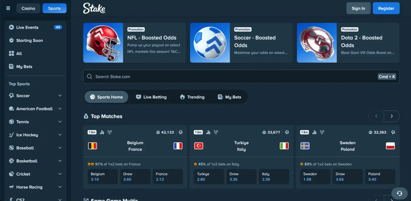 Stake sportsbook home with boosted odds cards, top matches and the share of 1x2 bets