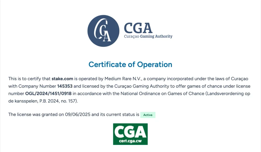 Curaçao Gaming Authority certificate for stake.com, Medium Rare N.V., licence OGL/2024/1451/0918, status Active