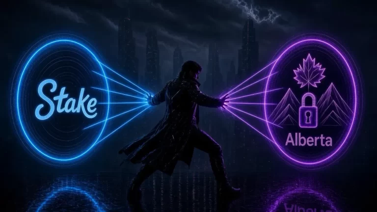 Illustration of a man linking a blue Stake sign to a purple Alberta lock, maple leaf and mountains