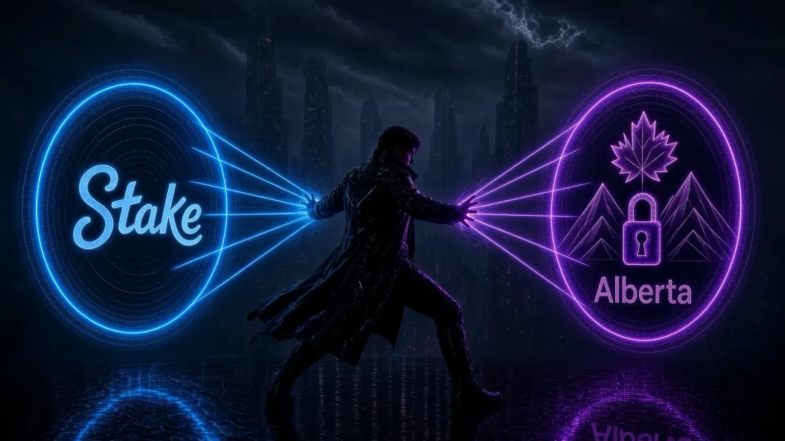 Illustration of a man linking a blue Stake sign to a purple Alberta lock, maple leaf and mountains