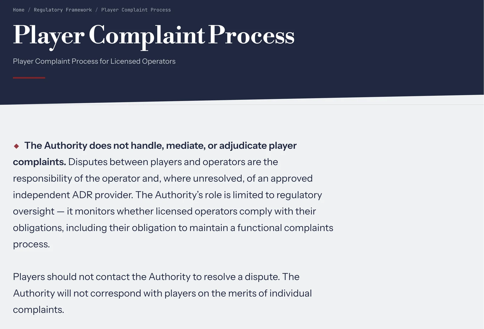 Anjouan Player Complaint Process page: the Authority does not handle, mediate, or adjudicate player complaints