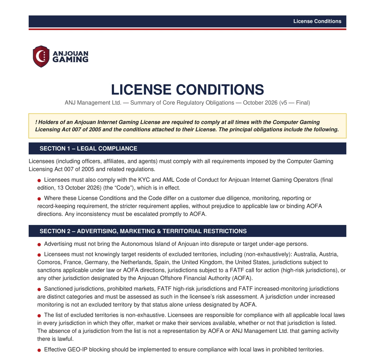 First page of the Anjouan License Conditions, ANJ Management Ltd., October 2026 v5 Final, with the list of excluded territories