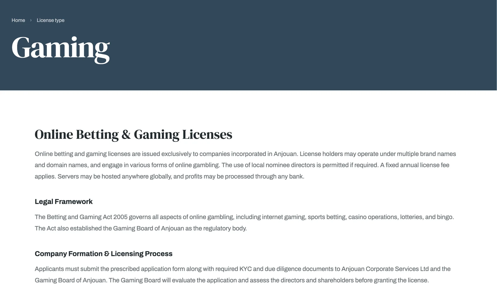 AOFA Gaming page: licences issued exclusively to companies incorporated in Anjouan, under the Betting and Gaming Act 2005