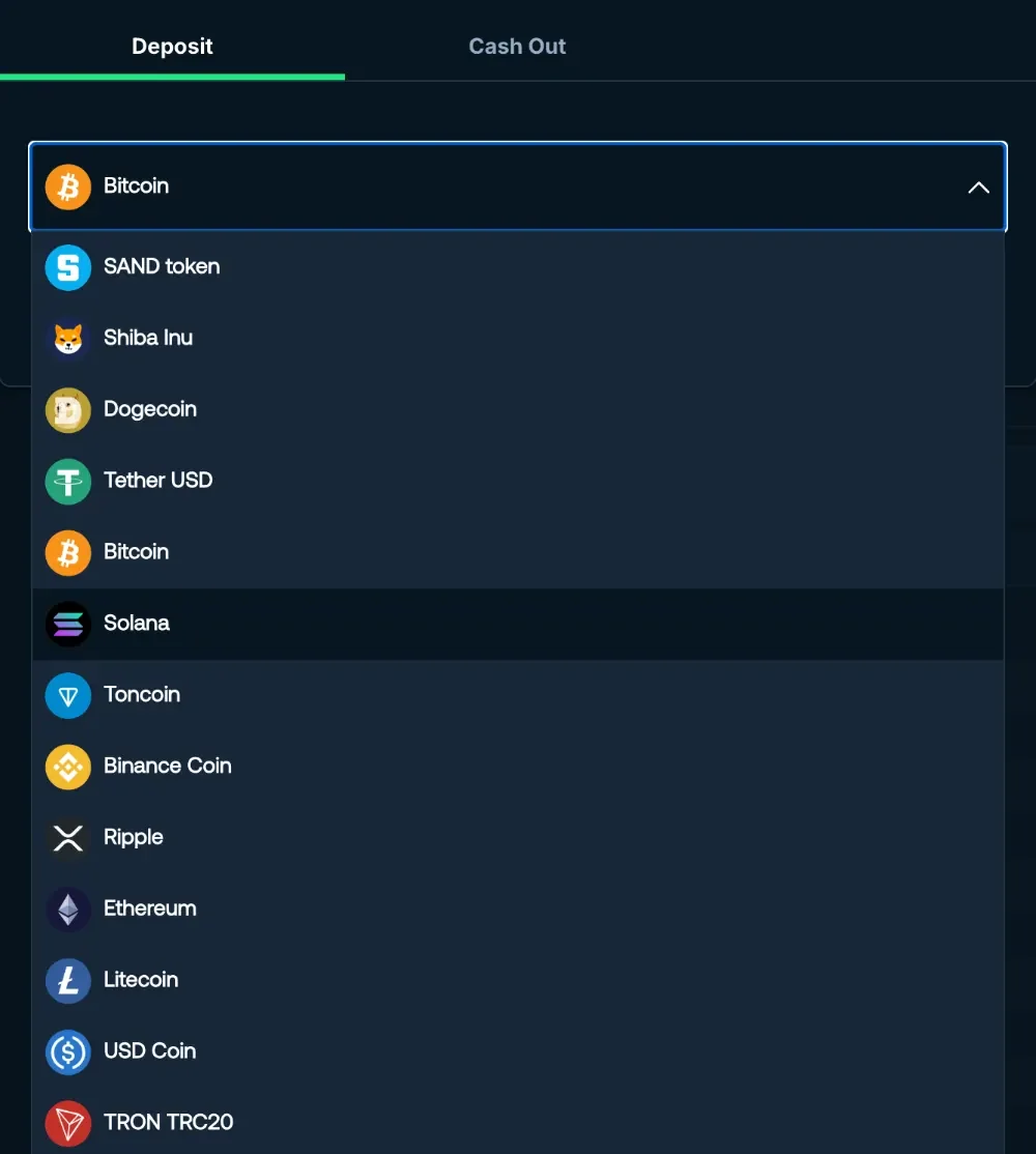 BetPanda deposit tab with the coin picker open, listing SAND token, Shiba Inu, Dogecoin, Tether USD, Bitcoin, Solana, Toncoin, Binance Coin, Ripple, Ethereum, Litecoin, USD Coin and TRON TRC20