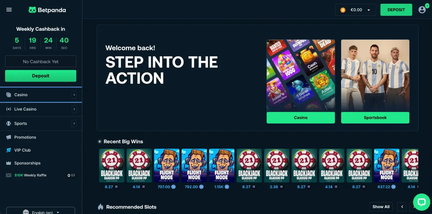 BetPanda lobby with the weekly cashback countdown in the sidebar, the Casino and Sportsbook tiles and a Recent Big Wins row