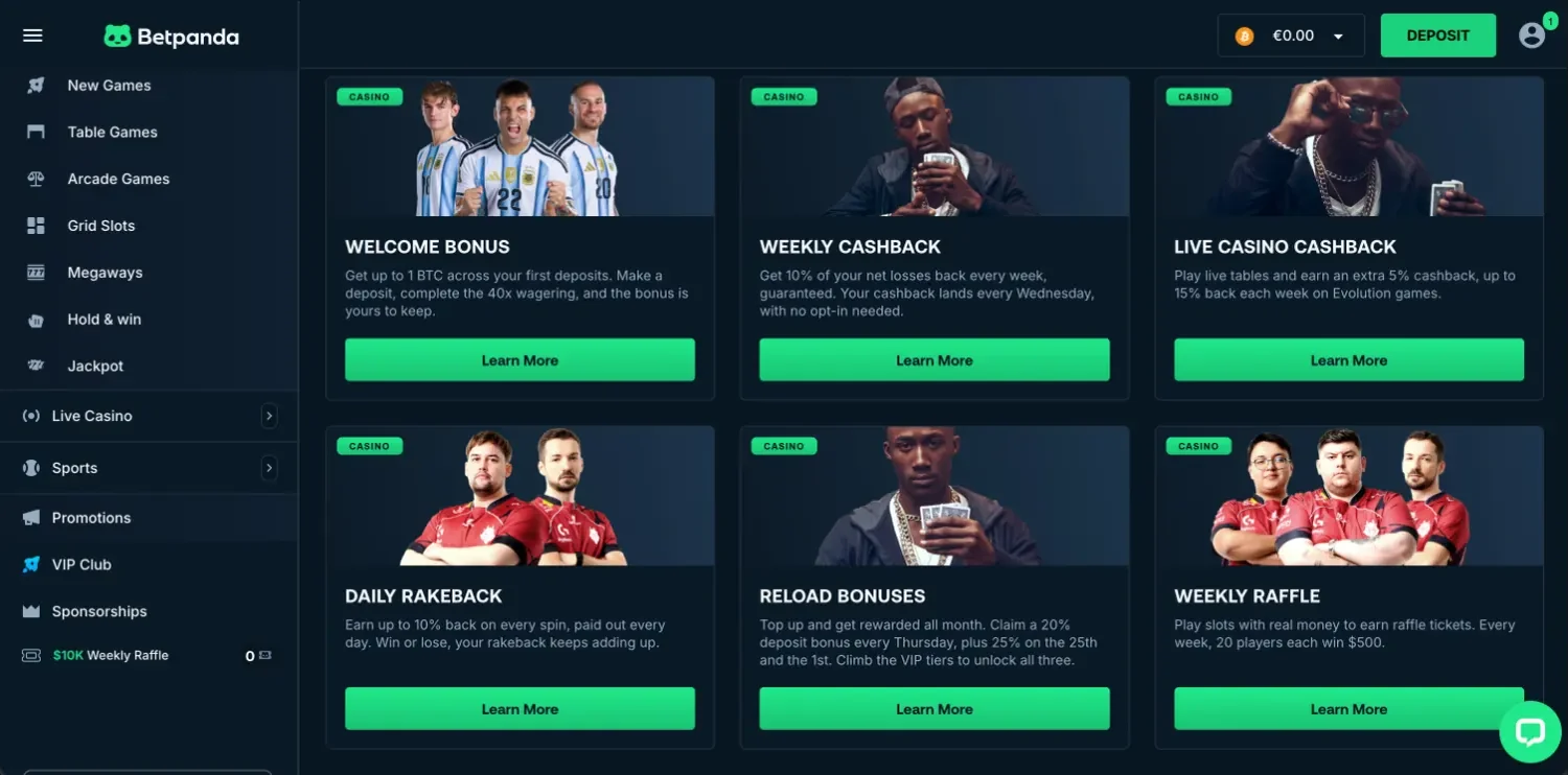 BetPanda casino promotions with cards for the welcome bonus, weekly cashback, live casino cashback, daily rakeback, reload bonuses and the weekly raffle