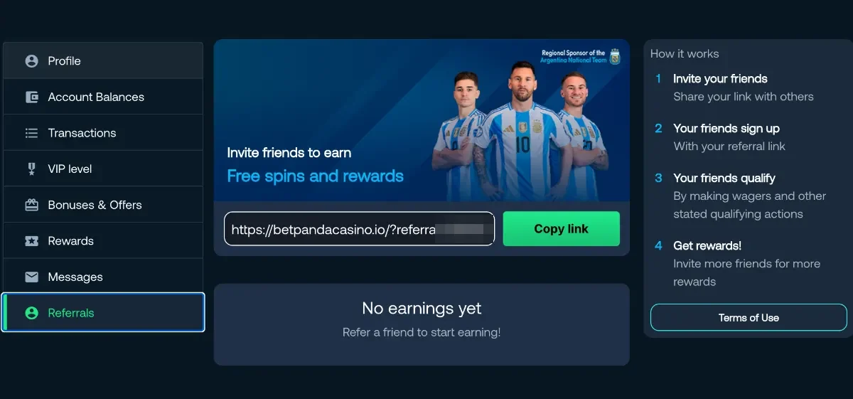 BetPanda account menu with the Referrals page, an invite friends banner for free spins and rewards and a four step how it works panel