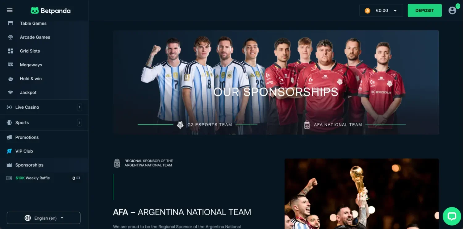 BetPanda sponsorships page with players of the G2 Esports team and the AFA Argentina national team