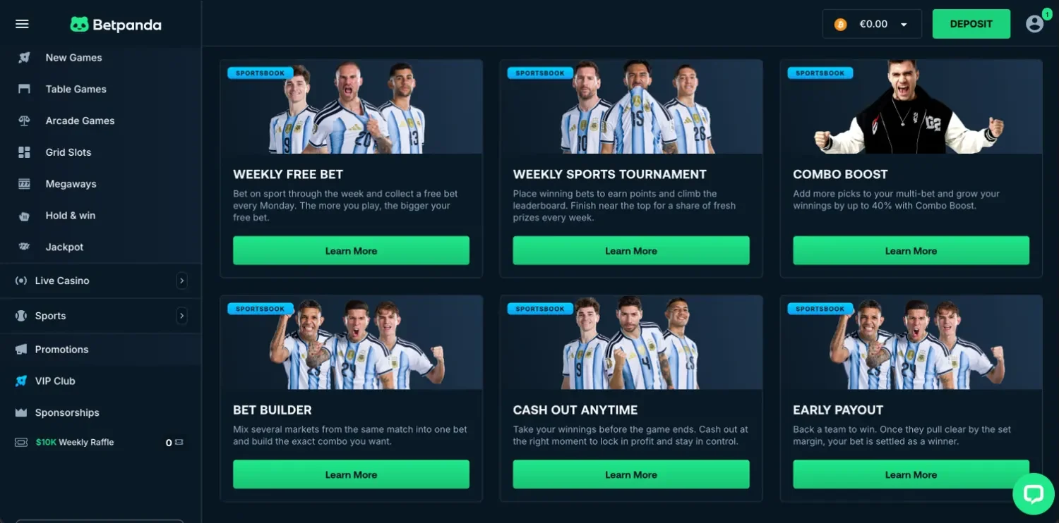BetPanda sportsbook promotions with Weekly Free Bet, Weekly Sports Tournament, Combo Boost, Bet Builder, Cash Out Anytime and Early Payout cards