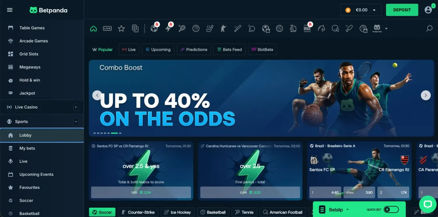 BetPanda sportsbook lobby with a Combo Boost banner up to 40% on the odds, boosted match prices, a sport rail and the betslip
