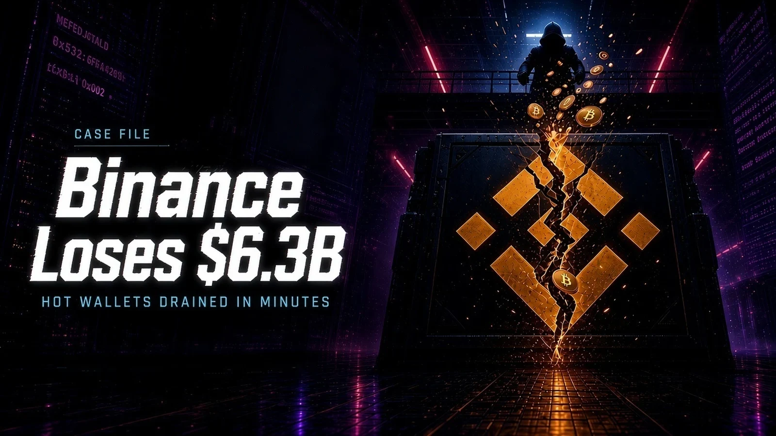 Case file cover: Binance loses $6.3B, hot wallets drained in minutes, with a cracked Binance logo and coins falling out